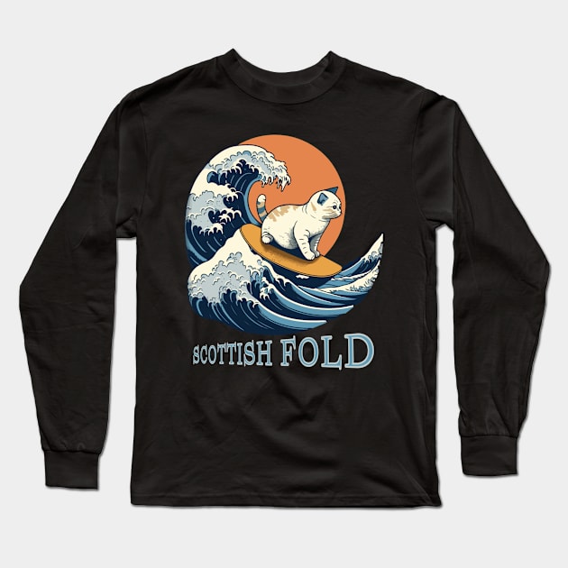 Scottish Fold Cat Surfing On The Great Wave Off Kanagawa Long Sleeve T-Shirt by JammyPants